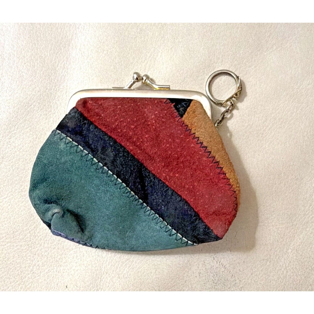 Vintage Patchwork Kiss Lock Coin Purse Wallet Suede Leather Multicolor